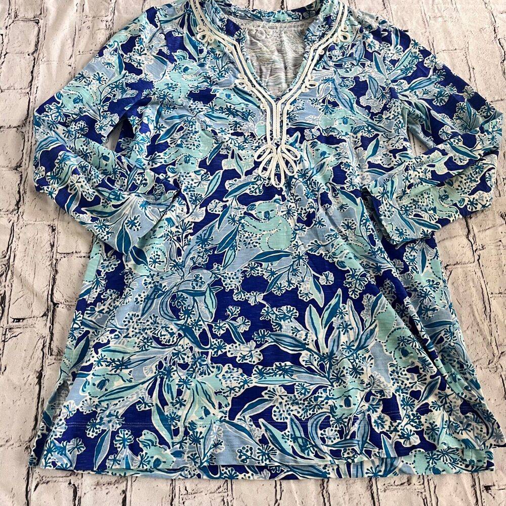 Lilly Pulitzer Kaia Tunic Top Floral Blue White Coastal Split Hem 3/4 Sleeve S - Picture 2 of 6